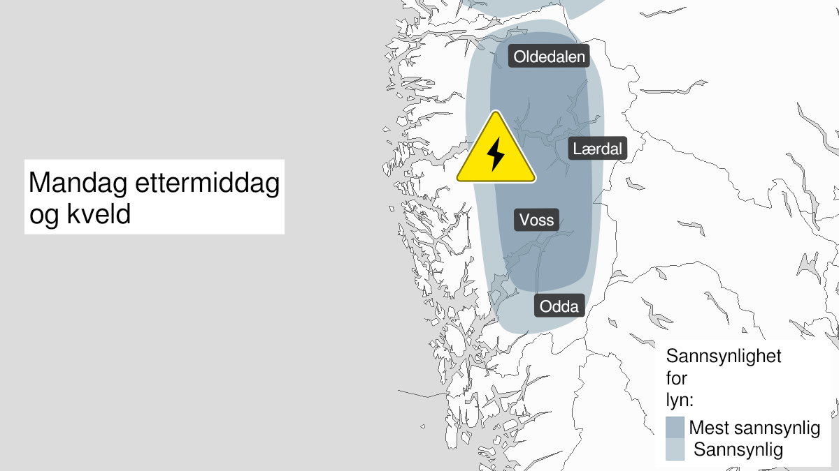 Kart over Nedgradert varsel for mye lyn, Deler av Vestland fylke