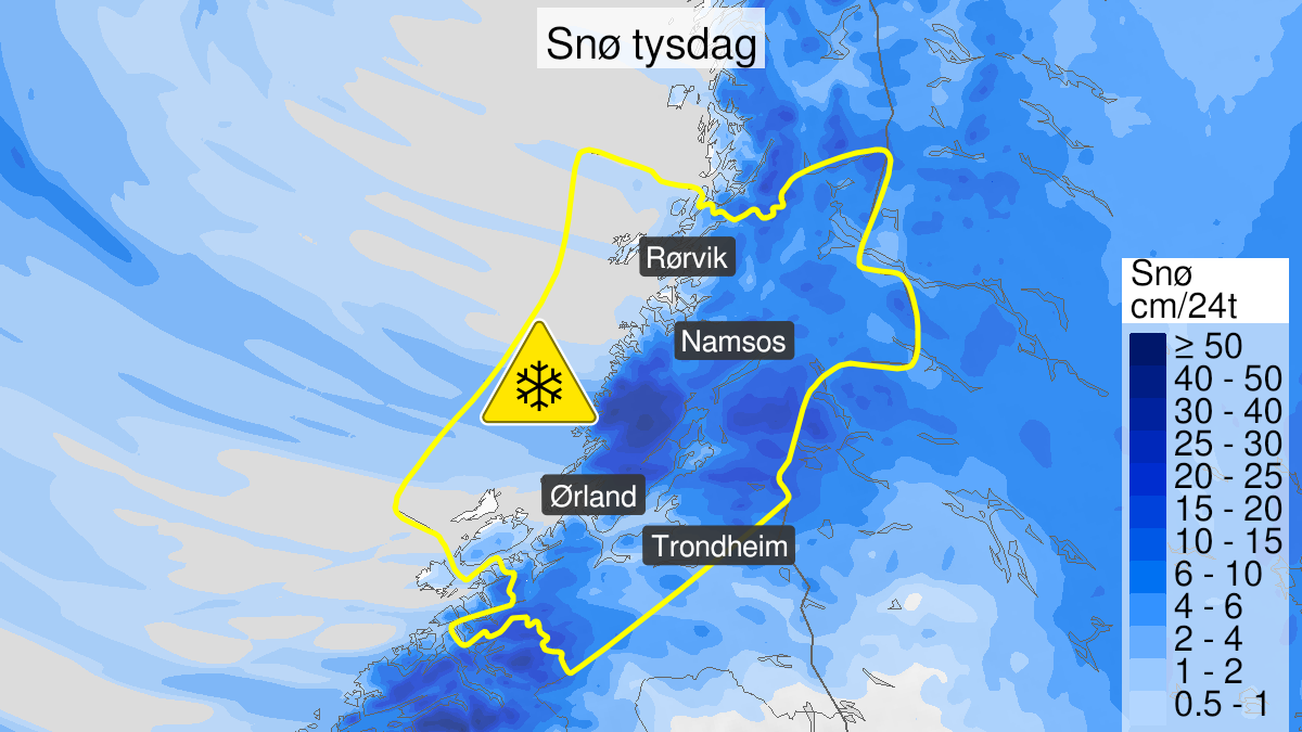 Map over Snow, yellow level, Parts of Troendelag, 2022-12-27T12:00:00+00:00, 2022-12-27T23:00:00+00:00
