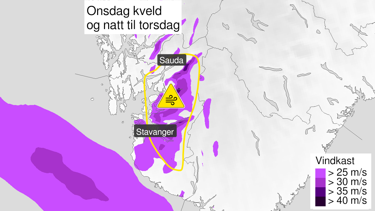 Kart over Kraftige vindkast, gult nivå, Indre strøk av Rogaland, 2023-11-01T16:00:00+00:00, 2023-11-02T04:00:00+00:00