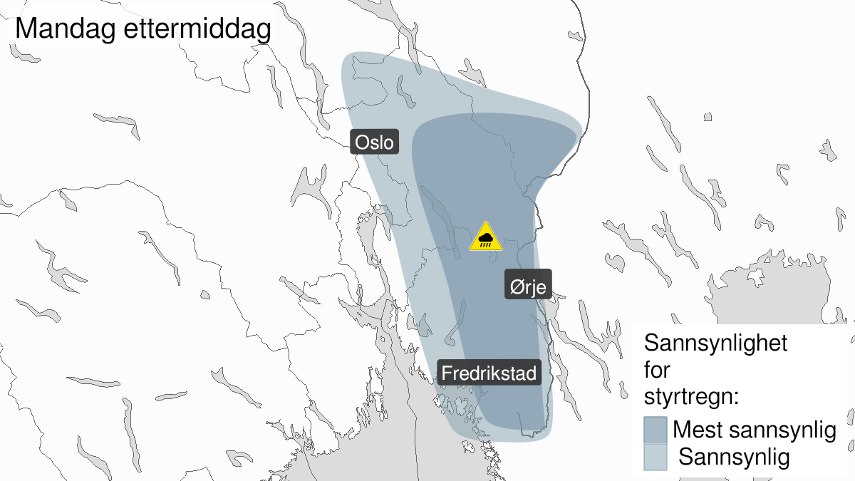Kart over Styrtregn, gult nivå, Sørøstlige deler av Østlandet, 2024-05-27T12:01:00+00:00, 2024-05-27T17:00:00+00:00