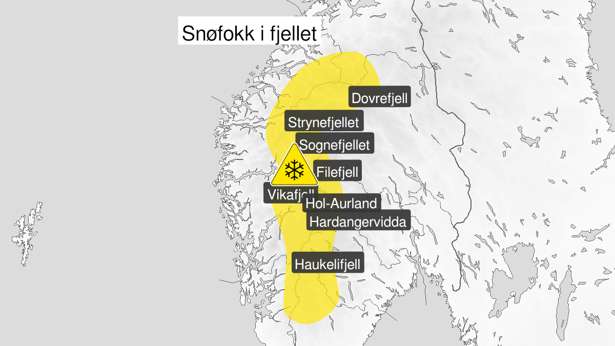 Kart over kraftig snøfokk, gult nivå, Fjellet i Sør-Norge, 20 February 15:00 UTC til 21 February 03:00 UTC.