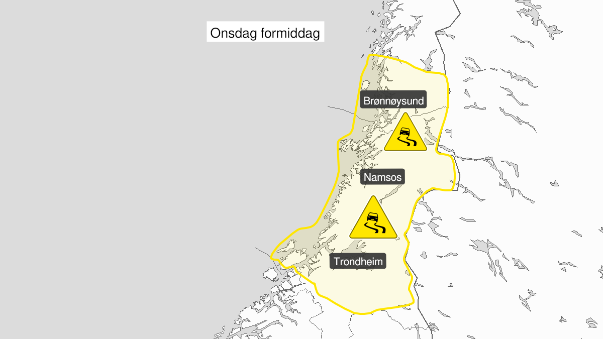 Map over Ice, yellow level, Troendelag and south of Helgeland, 2023-11-22T03:00:00+00:00, 2023-11-22T11:00:00+00:00