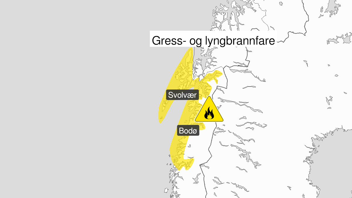 Kart over Skogbrannfare, gult nivå, Snøfrie områder i ytre strøk av Nordland nord for Ranfjorden, 2024-04-22T22:00:00+00:00, 2024-04-24T12:00:00+00:00