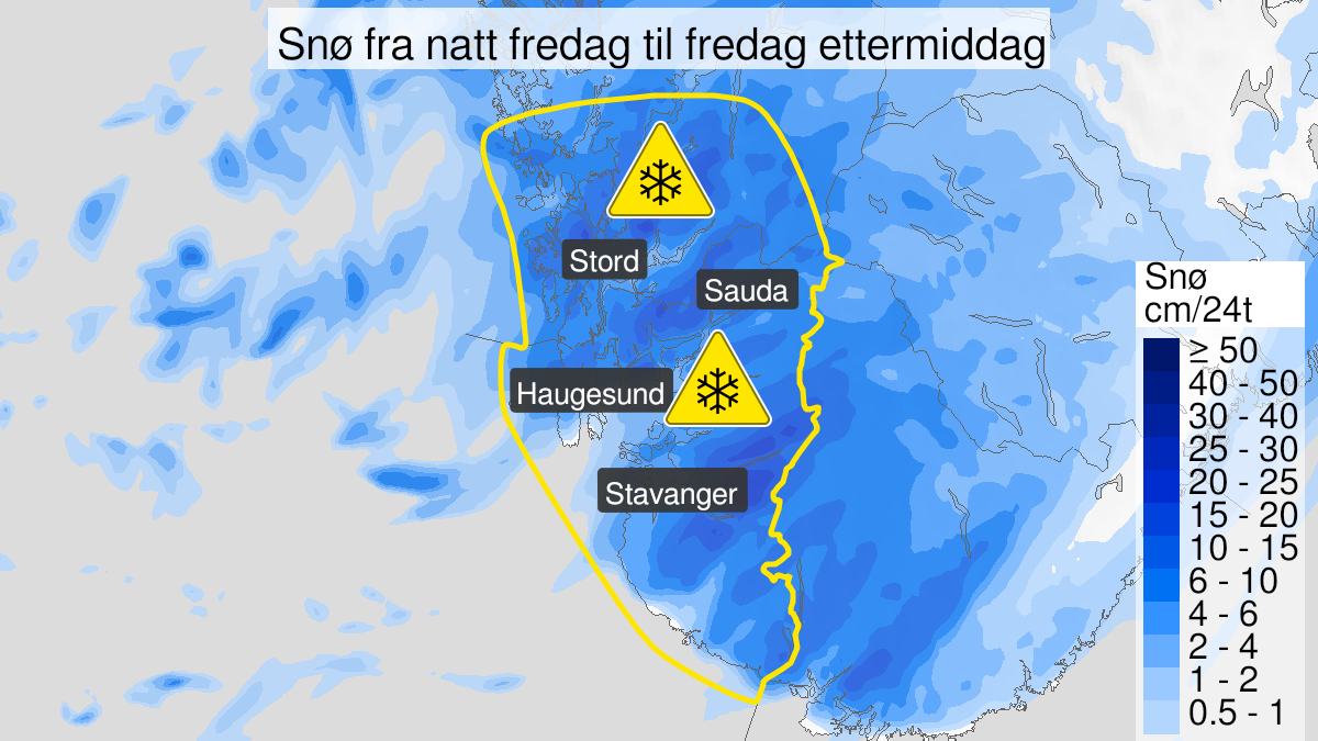 Map over Snow, yellow level, Parts of Rogaland and Hordaland, 2022-12-16T03:00:00+00:00, 2022-12-16T14:00:00+00:00