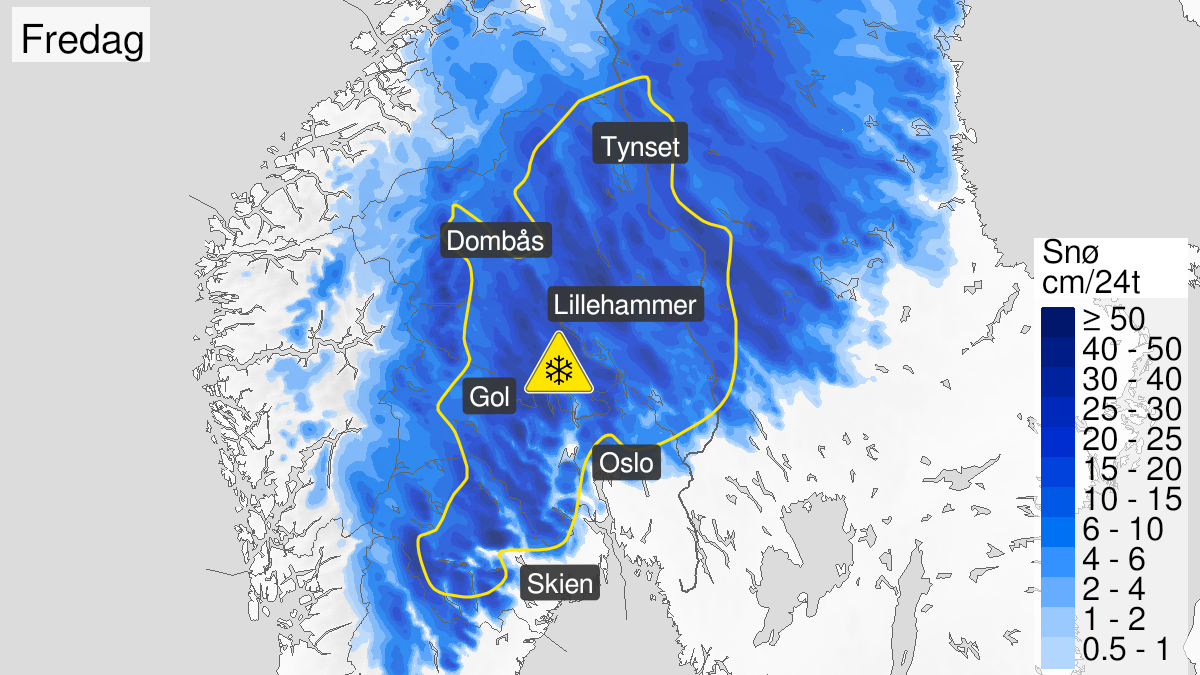 Kart over Snø, gult nivå, Indre strøk av Østlandet , 2023-11-02T23:00:00+00:00, 2023-11-03T23:00:00+00:00