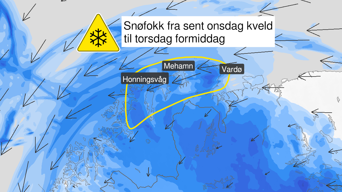 Kart over Kraftig snøfokk, gult nivå, Deler av Finnmark, 2023-03-29T21:00:00+00:00, 2023-03-30T07:00:00+00:00