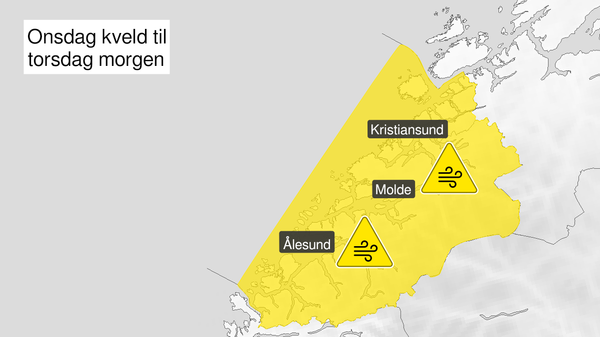 Kart over kraftige vindkast, gult nivå, Møre og Romsdal, 19 January 18:00 UTC til 20 January 08:00 UTC.