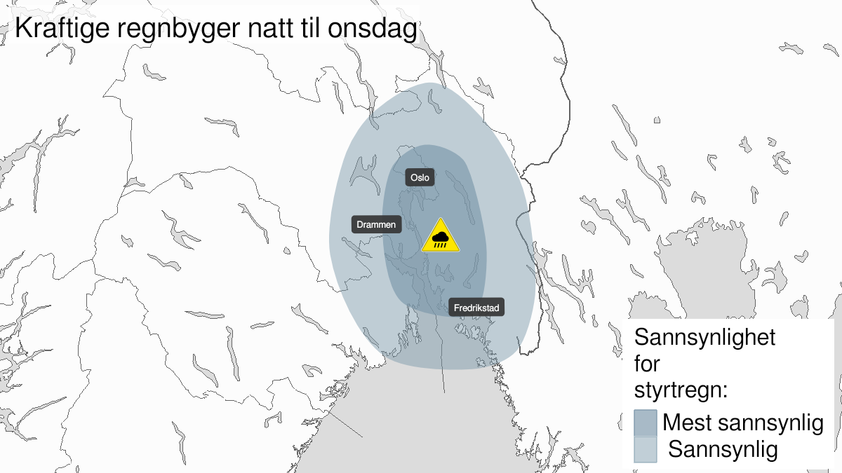 Kart over styrtregn, gult nivå, Østfold, Oslo, Akershus, Buskerud og Vestfold, 13 July 22:00 UTC til 14 July 06:00 UTC.