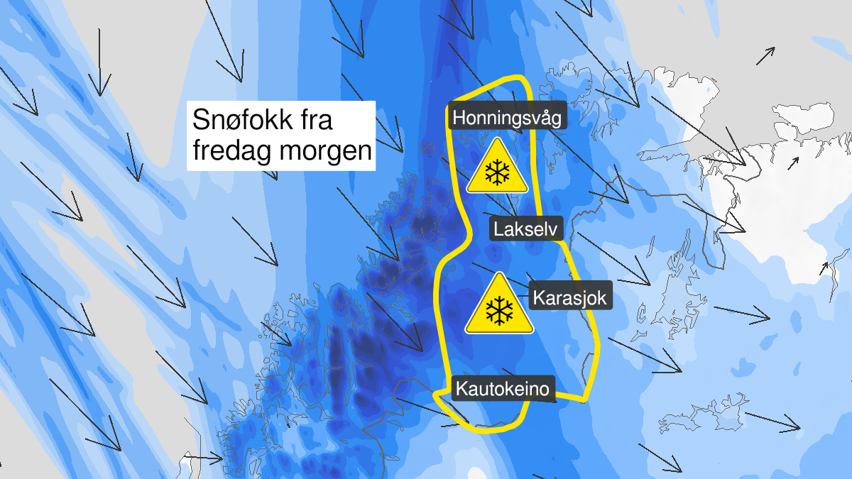 Kart over Kraftig snøfokk, gult nivå, Deler av Vest-Finnmark og Finnmarksvidda, 2023-03-31T06:00:00+00:00, 2023-03-31T22:00:00+00:00