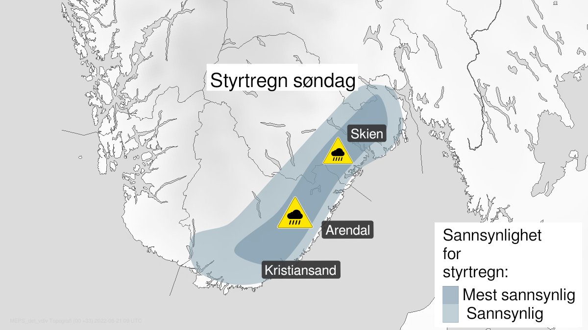 Kart over Styrtregn, gult nivå, Deler av Agder, Telemark og Vestfold, 2022-08-21T07:00:00+00:00, 2022-08-21T14:00:00+00:00