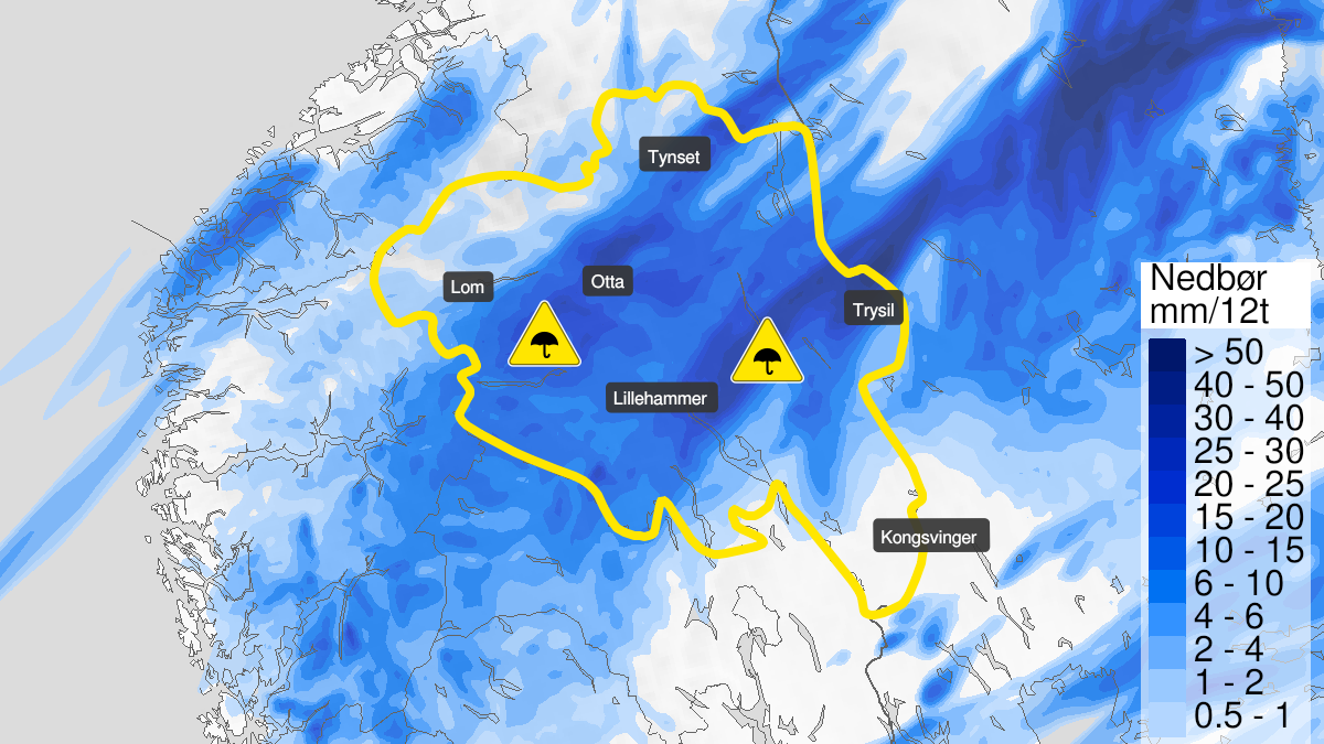 Map of heavy rain, yellow level, Innlandet fylke, 29 July 12:00 UTC to 30 July 06:00 UTC.