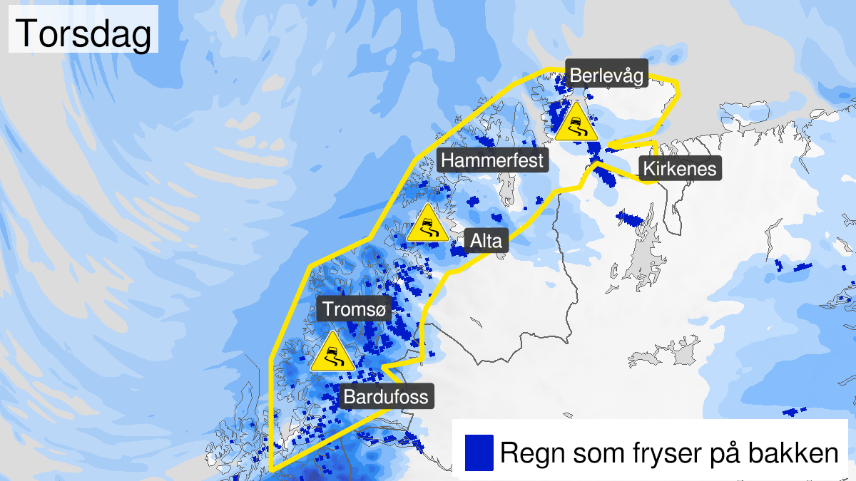Kart over is, gult nivå, Troms og Kyst- og fjordstrøkene i Finnmark, 24 February 10:00 UTC til 26 February 10:00 UTC.