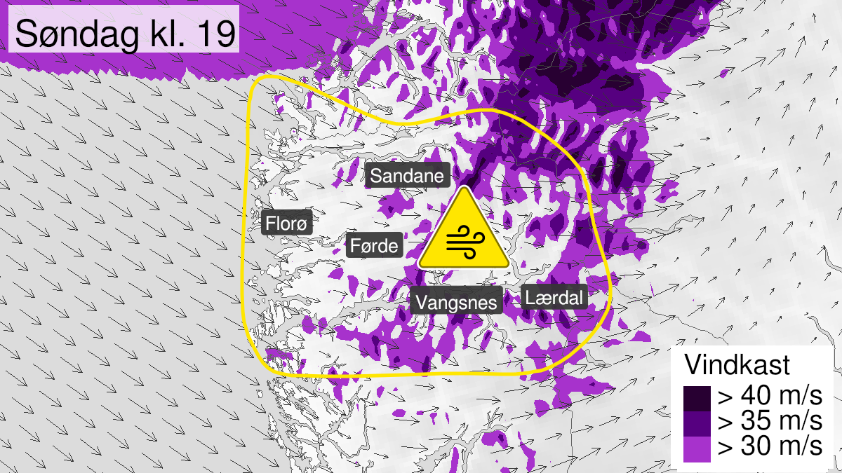 Map of strong wind gusts, yellow level, Sogn og Fjordane, 16 January 15:00 UTC to 17 January 03:00 UTC.