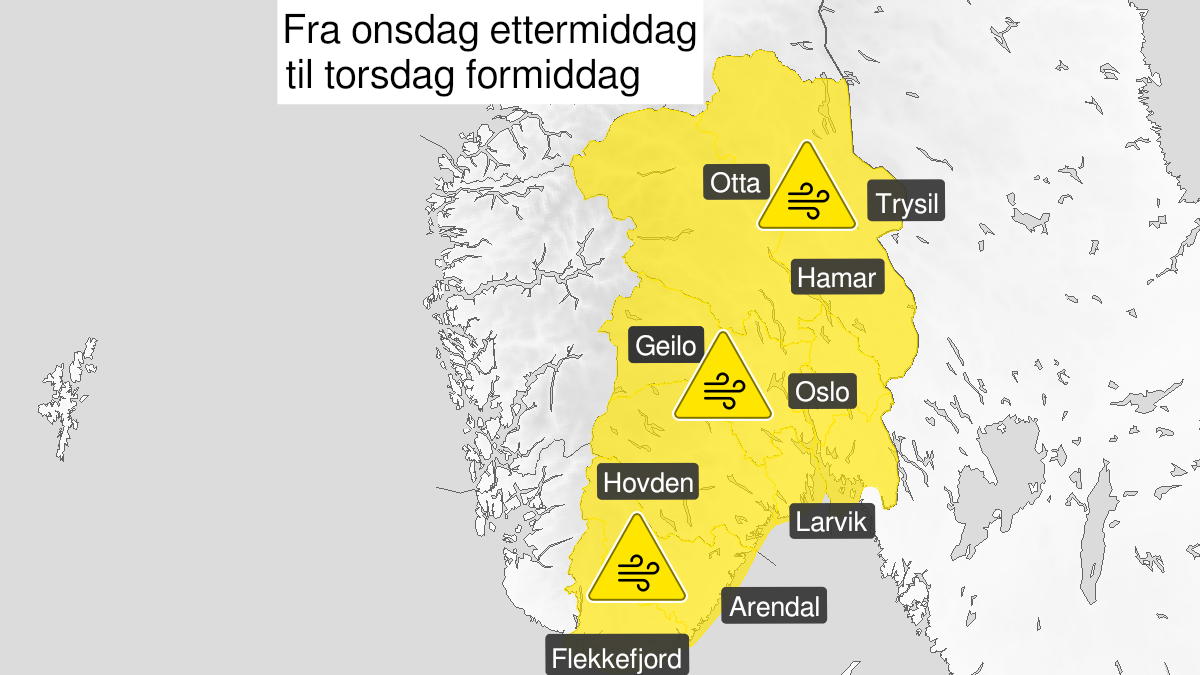 Kart over kraftige vindkast, gult nivå, Østafjells, 19 January 12:00 UTC til 20 January 09:00 UTC.