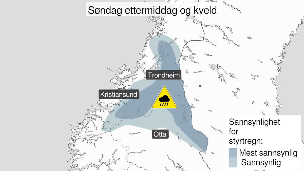 Kart over Styrtregn, gult nivå, Nordlige deler av Sør-Norge, 2024-08-04T12:00:00+00:00, 2024-08-04T22:00:00+00:00