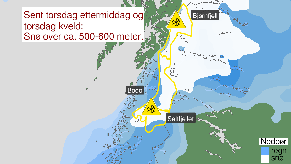 Map of snow, yellow level, Saltfjellet, Salten and Ofoten, 07 October 15:00 UTC to 07 October 23:00 UTC.
