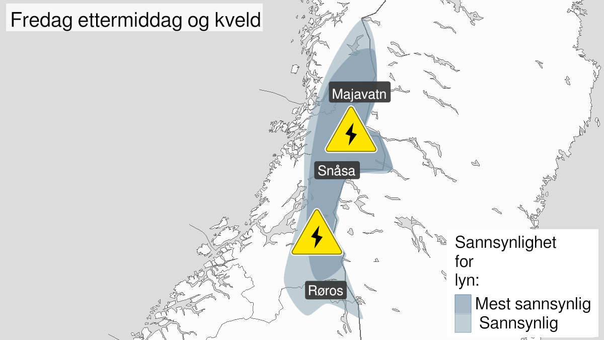 Kart over Mye lyn pågår, gult nivå, Indre strøk av Trøndelag og Nordland, 2024-05-31T10:00:00+00:00, 2024-05-31T18:00:00+00:00
