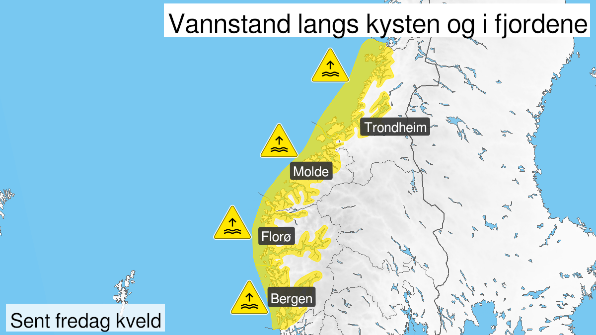 Kart over Høy vannstand, gult nivå, Kyst- og fjordstrøk i Trøndelag, 2023-09-29T21:00:00+00:00, 2023-09-30T00:00:00+00:00