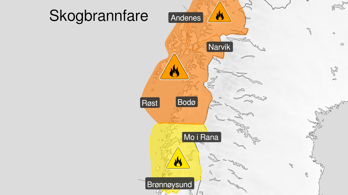 Map over Forest fire danger, yellow level, Southern parts of Nordland, 2024-08-06T22:01:00+00:00, 2024-08-10T15:00:00+00:00