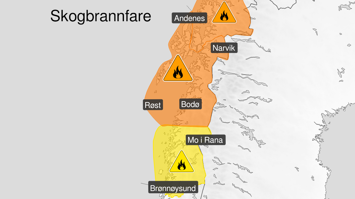 Map over Forest fire danger, yellow level, Southern parts of Nordland, 2024-08-06T22:01:00+00:00, 2024-08-10T09:00:00+00:00