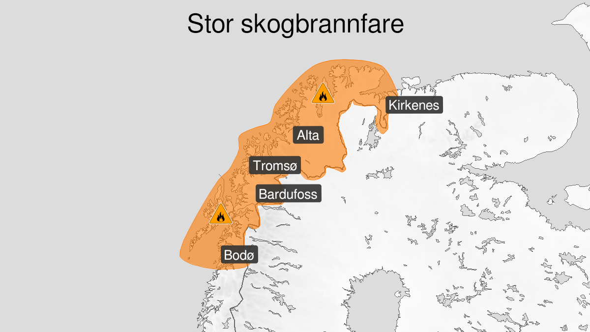 Kart over Stor skogbrannfare, oransje nivå, Nordlige Nordland, Troms og Finnmark , 2023-07-12T18:00:00+00:00, 2023-07-17T18:00:00+00:00