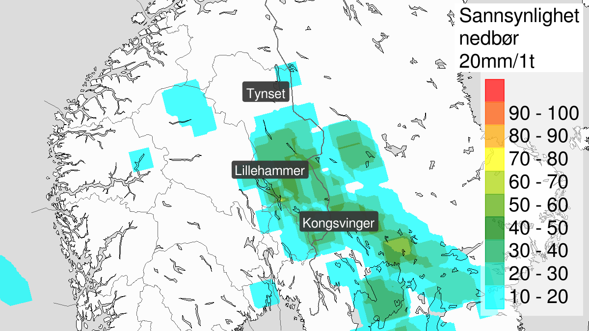 Kraftige regnbyger, gult nivå, Oppland og Hedmark, 29 July 18:00 UTC til 30 July 08:00 UTC.