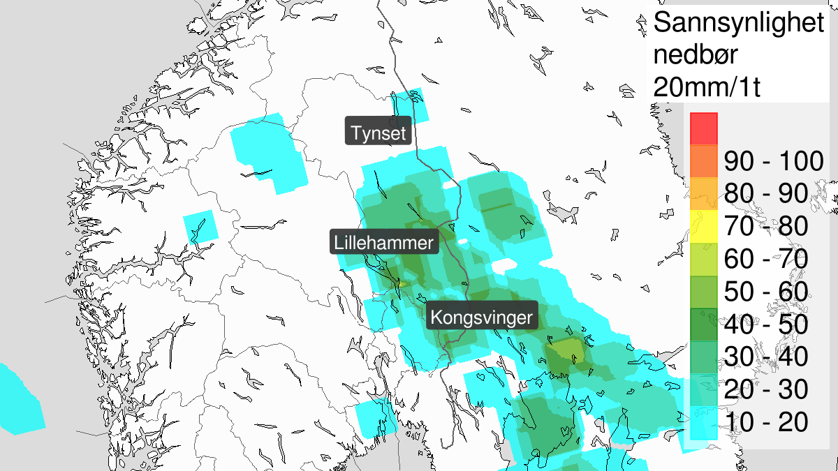 Heavy rainshowers, yellow level, Oppland and Hedmark, 29 July 18:00 UTC to 30 July 08:00 UTC.