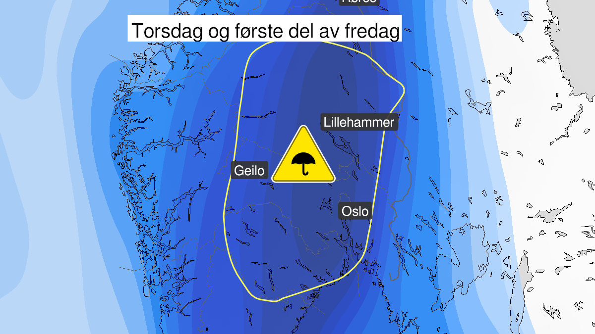 Kart over Mye regn, gult nivå, Deler av Østlandet, 2023-09-21T00:00:00+00:00, 2023-09-22T12:00:00+00:00