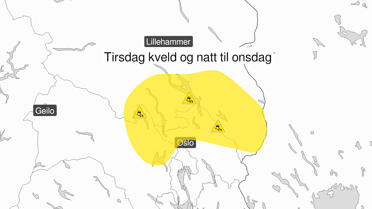 Kart over Is, gult nivå, Deler av Østlandet, 2024-02-20T17:00:00+00:00, 2024-02-21T06:00:00+00:00
