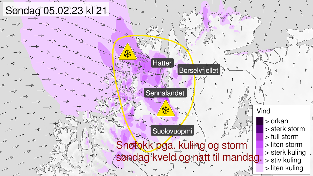 Kart over Kraftig snøfokk, gult nivå, Fjelloverganger i Vest-Finnmark, 2023-02-05T19:00:00+00:00, 2023-02-06T01:00:00+00:00
