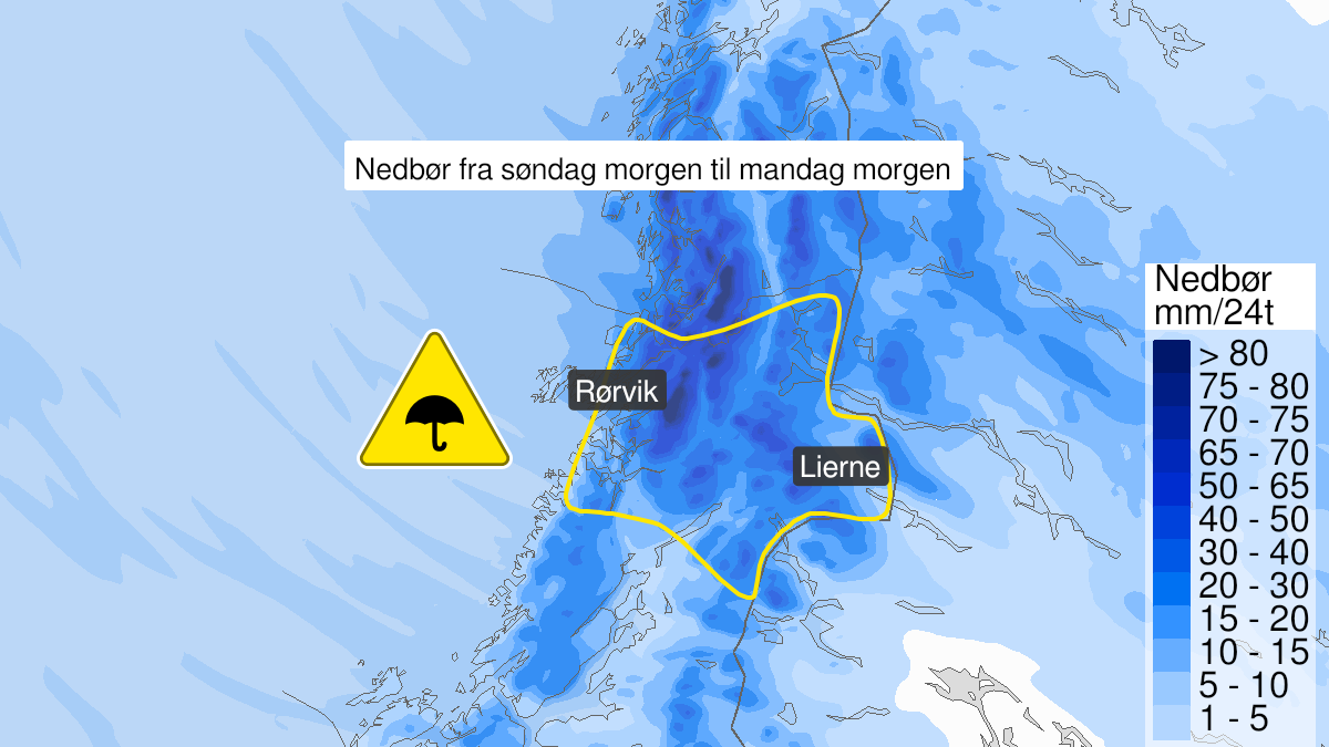 Map of heavy rain ongoing, yellow level, North-Troendelag, 10 April 06:00 UTC to 11 April 06:00 UTC.
