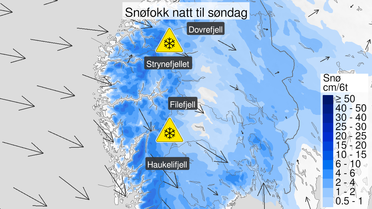 Map over Blowing snow, yellow level, Mountainous areas in South Norway, 2023-02-04T20:00:00+00:00, 2023-02-05T20:00:00+00:00