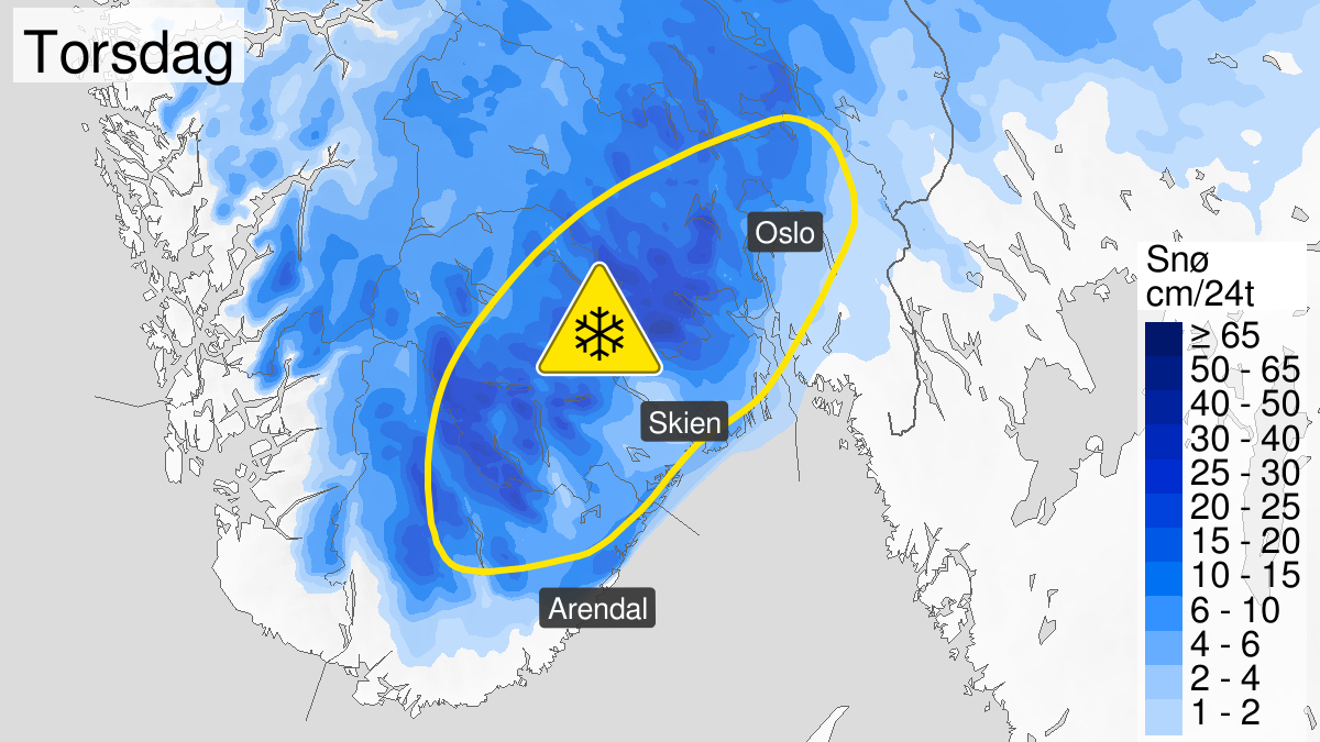 Map over Snow, yellow level, Parts of South East Norway, 2023-11-01T23:00:00+00:00, 2023-11-02T23:00:00+00:00