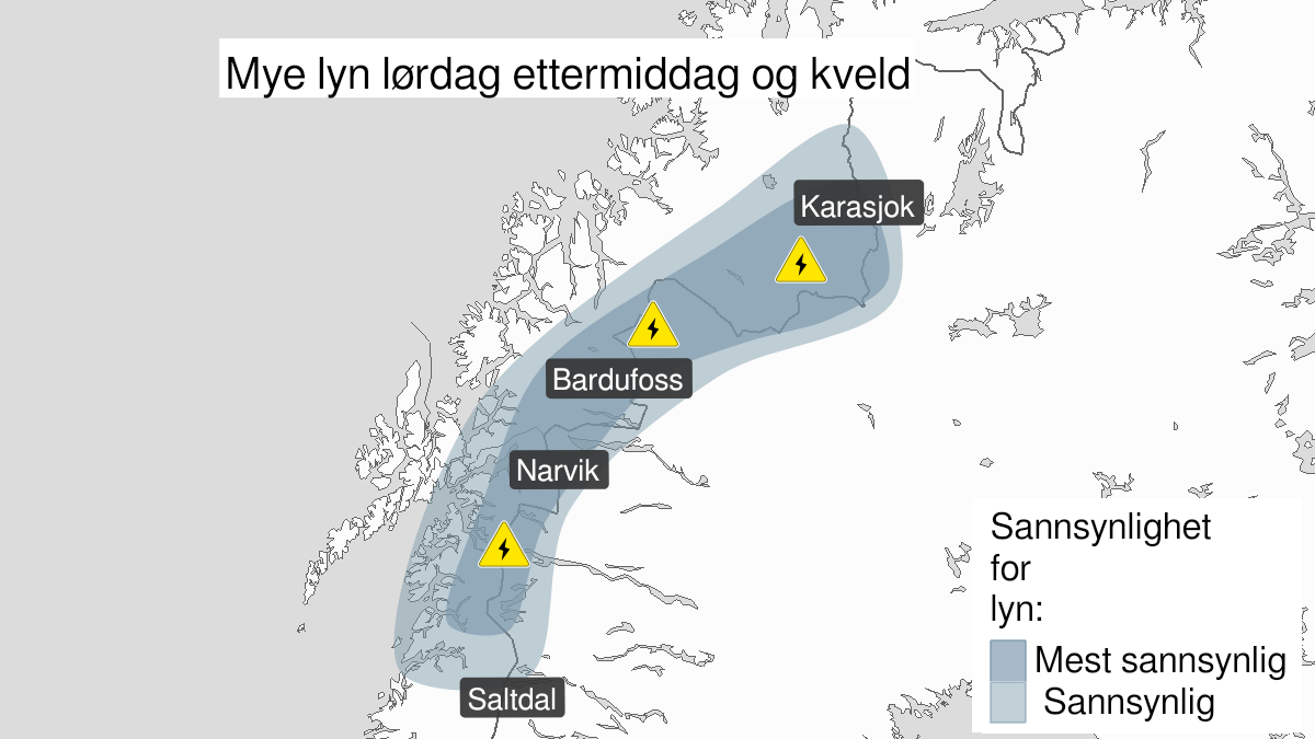 Kart over Nedgradert varsel for mye lyn, Indre strøk av Salten, Ofoten, Troms og Finnmark