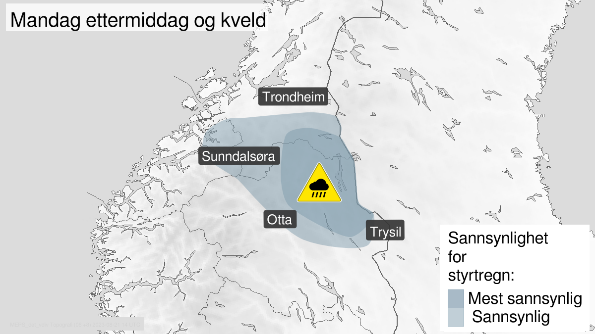 Kart over Styrtregn, gult nivå, Deler av Innlandet, Trøndelag og Møre og Romsdal, 2023-08-21T12:00:00+00:00, 2023-08-21T20:00:00+00:00