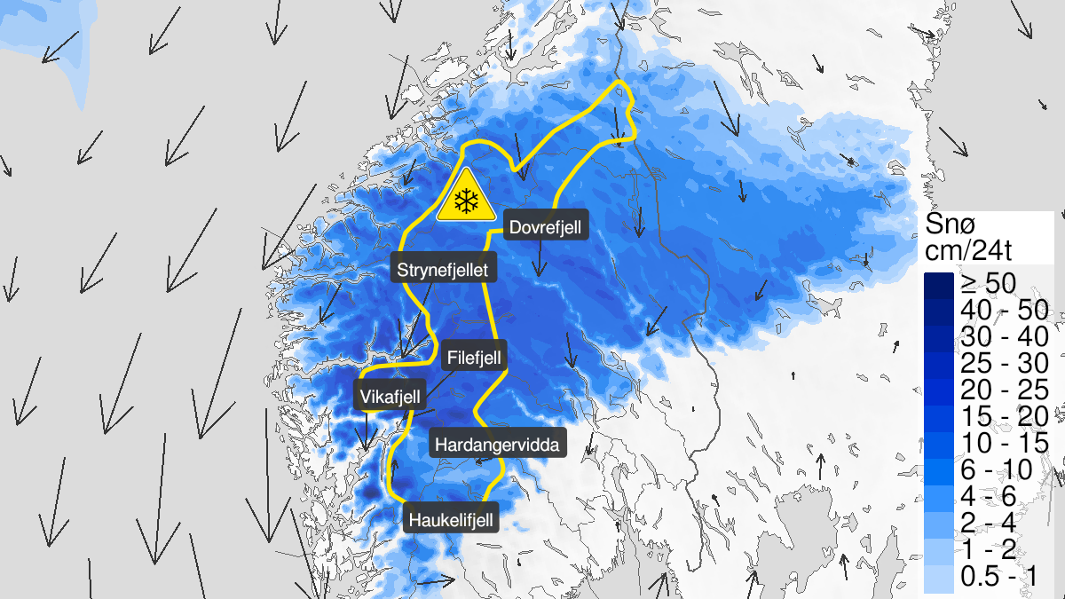Kart over Kraftig snøfokk, gult nivå, Fjellet i Sør-Norge, 2024-03-15T21:00:00+00:00, 2024-03-16T13:00:00+00:00