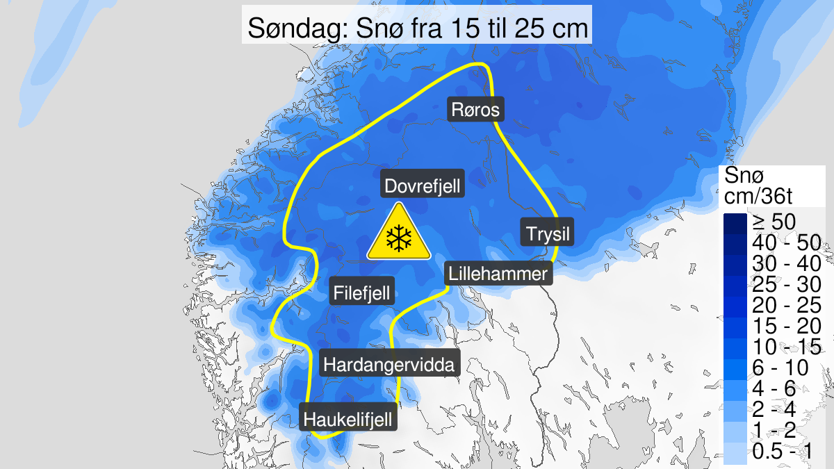 Kart over Snø, gult nivå, Østlandet og fjellet Sør-Norge, 2023-04-23T06:00:00+00:00, 2023-04-23T21:00:00+00:00