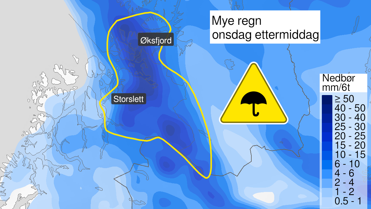Kart over Mye regn, gult nivå, Deler av Nord-Troms og Vest-Finnmark, 2024-06-19T10:00:00+00:00, 2024-06-19T20:00:00+00:00