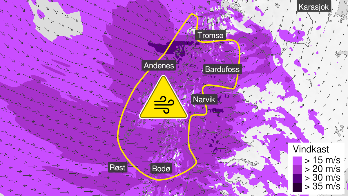 Map over Strong wind gusts ongoing, yellow level, Salten, Lofoten, Ofoten, Vesteraalen and parts of Troms, 2023-12-17T00:00:00+00:00, 2023-12-17T17:00:00+00:00