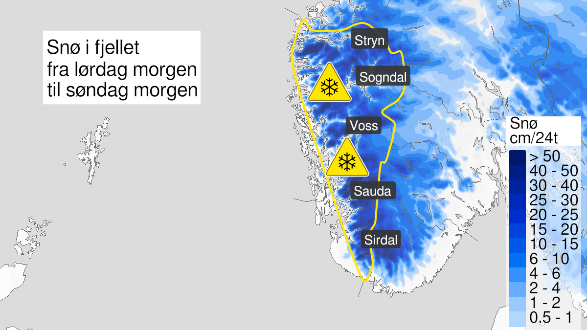 Map of snow, yellow level, Vestlandet south of Stad, 12 February 05:00 UTC to 13 February 05:00 UTC.