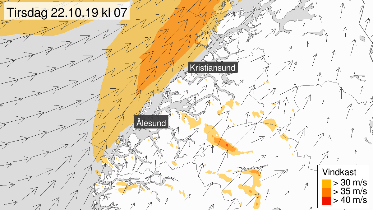 Strong wind gusts, yellow level, Møre og Romsdal, 21 October 21:00 UTC to 22 October 10:00 UTC.