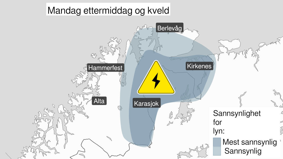 Kart over Mye lyn, gult nivå, Øst-Finnmark og østlige del av Vidda, 2022-07-18T09:00:00+00:00, 2022-07-18T17:40:00+00:00