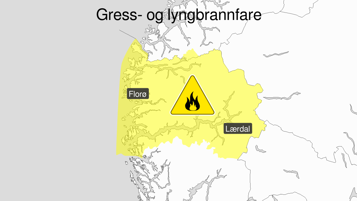 Map of forest fire danger, yellow level, Sogn og Fjordane, 26 April 18:00 UTC to 28 April 23:00 UTC.