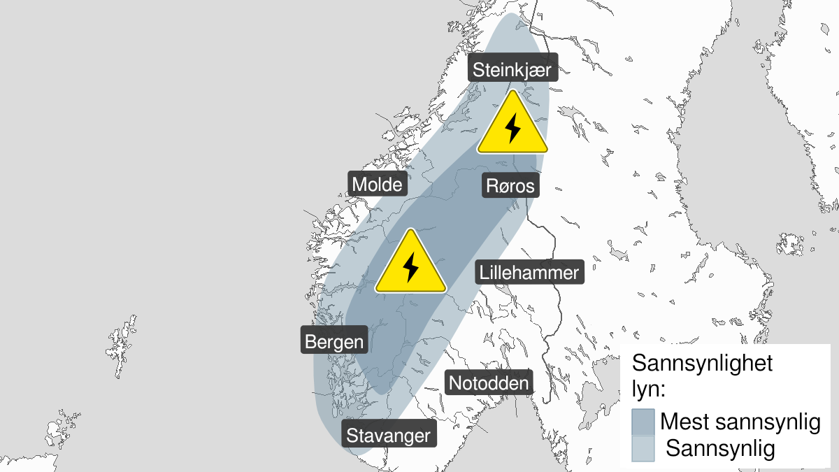 Kart over Mye lyn, gult nivå, Vestlandet sør for Stad, indre strøk av Midt-Norge og nordlige Innlandet, 2022-07-20T05:15:00+00:00, 2022-07-21T01:00:00+00:00