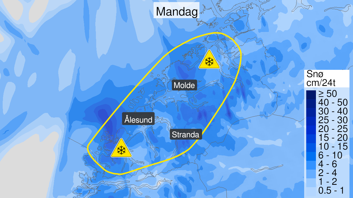 Map over Snow, yellow level, Parts of Møre og Romsdal, 2023-03-13T02:00:00+00:00, 2023-03-13T18:00:00+00:00