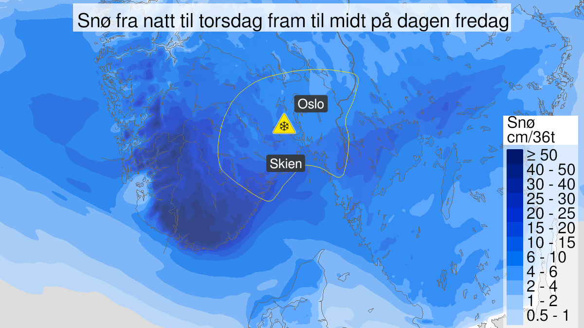 Kart over Snø, gult nivå, Sørlige deler av Østlandet, 2023-12-27T23:00:00+00:00, 2023-12-29T17:00:00+00:00