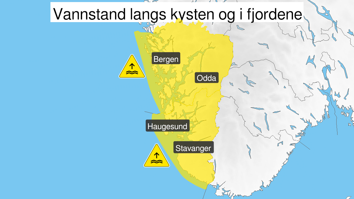 Kart over høy vannstand, gult nivå, Rogaland og Hordaland, 12 March 09:00 UTC til 12 March 12:00 UTC.