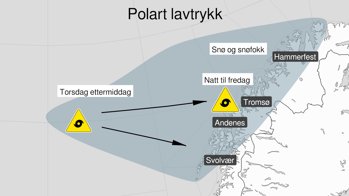 Kart over Polart lavtrykk, gult nivå, Lofoten, Vesterålen, Troms og Vest-Finnmark, 2022-12-15T15:00:00+00:00, 2022-12-16T21:00:00+00:00