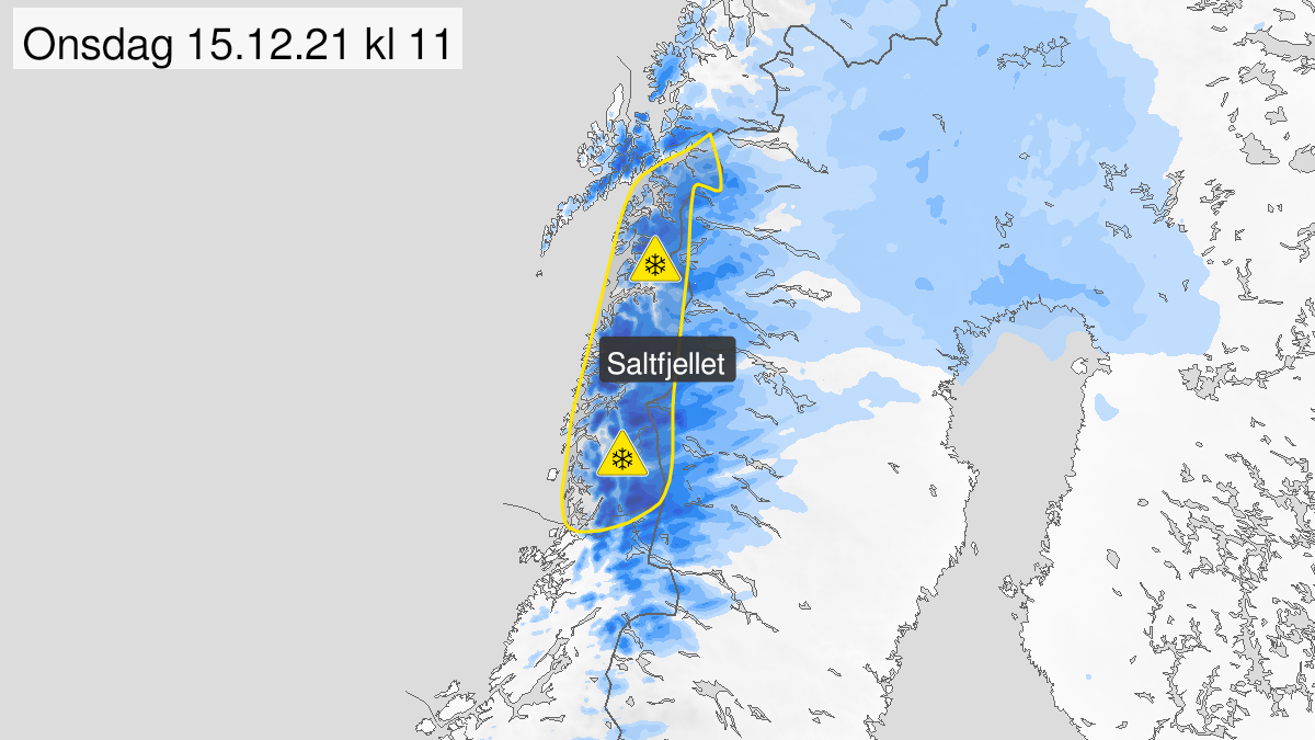 Map of blowing snow, yellow level, Helgeland, Saltfjellet, Salten and Ofoten, 14 December 21:00 UTC to 15 December 18:00 UTC.