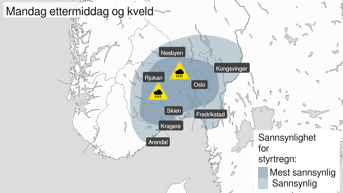 Kart over styrtregn, gult nivå, Østlandet, Telemark og Aust-Agder, 07 June 09:00 UTC til 07 June 20:00 UTC.